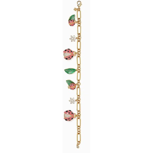 Kate Spade Ladybug Charm Bracelet Gold Tone Pink Enamel Flower Accents - Picture 3 of 4